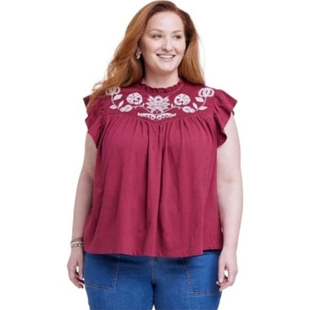 Knox Rose Boho Burgundy Embroidered Ruffle Babydoll Peasant Top Plus Size XXL